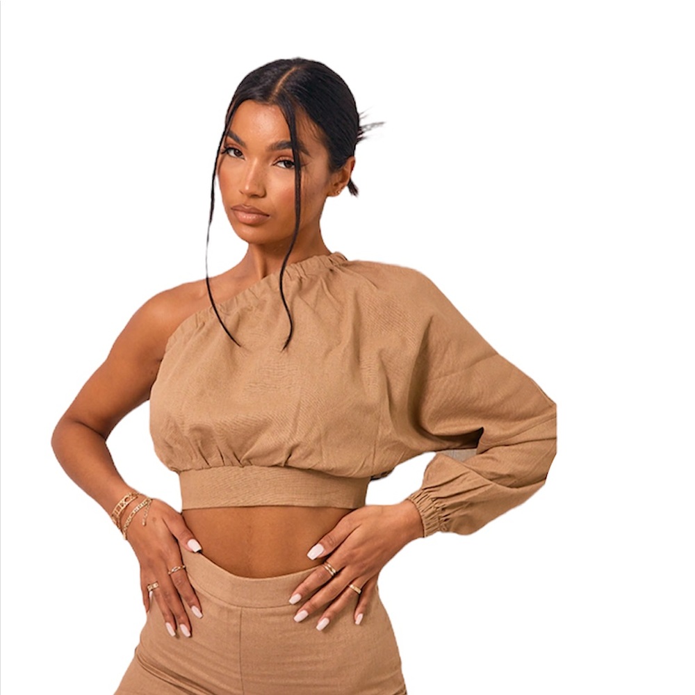 NWT PrettyLittleThing Linen One Shoulder Long Top Camel Size 2